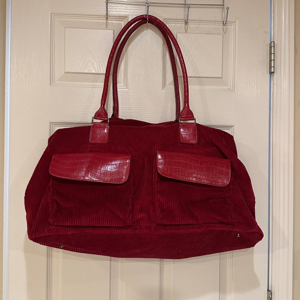 Red Corduroy Weekend Bag Faux Croc Trim Large Travel Duffel Tote